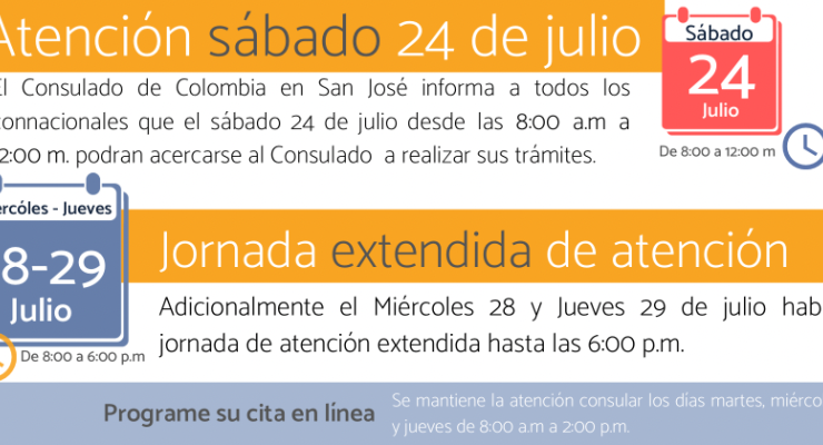 El Consulado de Colombia en San José realizará una jornada de atención consular el sábado10 de julio y jornada extendida 29 de julio de 2021