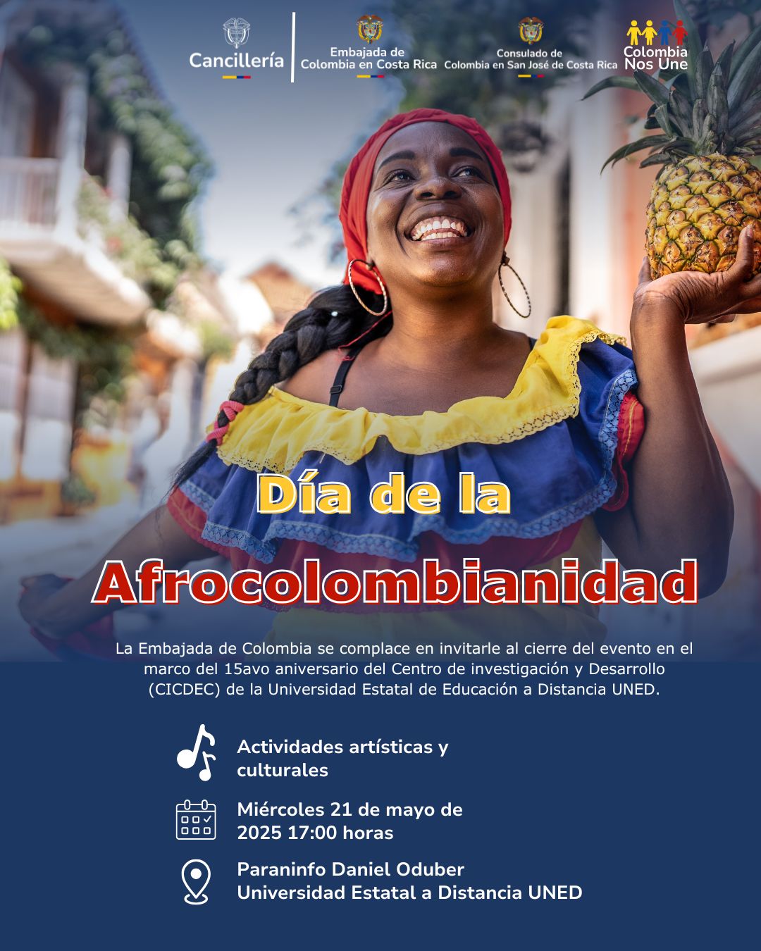 La Embajada de Colombia en Costa Rica invita a conmemorar el Día de la Afrocolombianidad del 20 al 21 de mayo del 2025