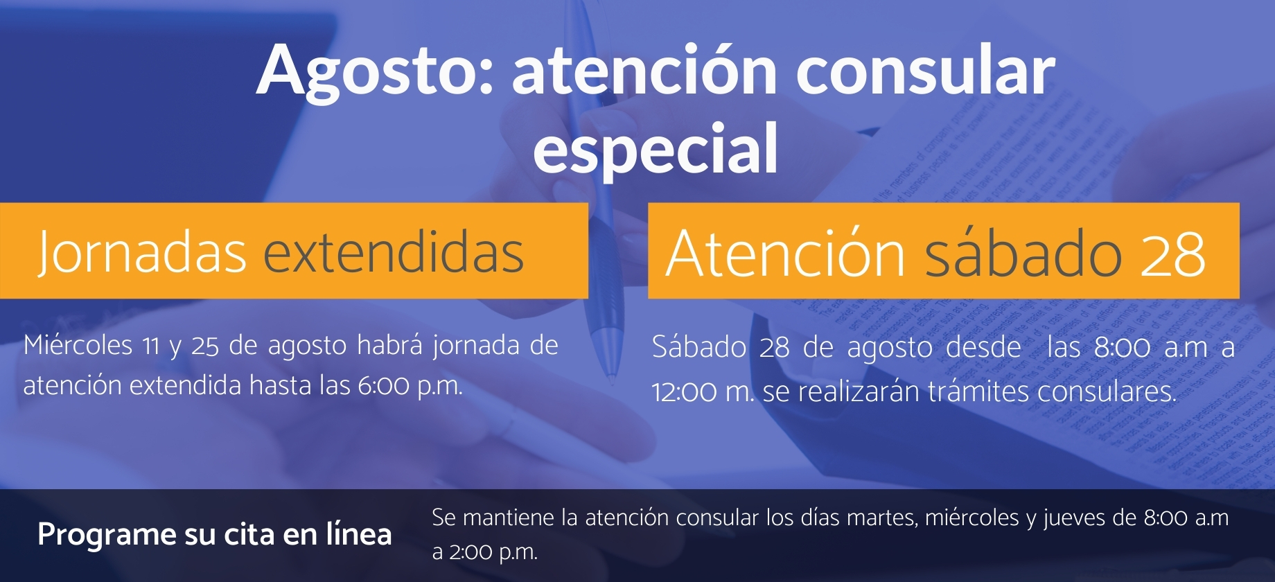 Atención Consular especial: Jornada extendida el miércoles 11 y 25 de agosto y el sábado 28 de 2021