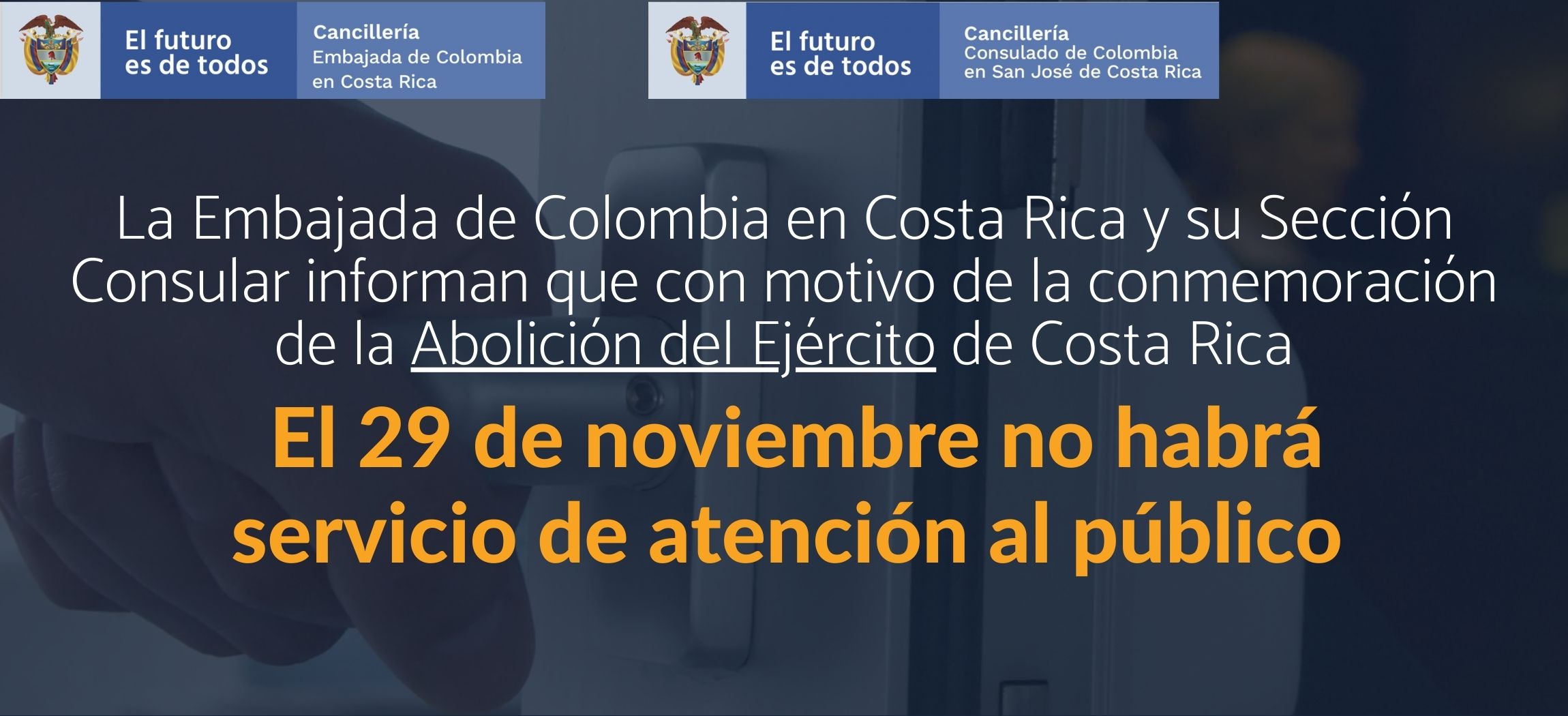 Embajada y consulado de Colombia en Costa Rica no tendrán atención al público el 29 de noviembre de 2021