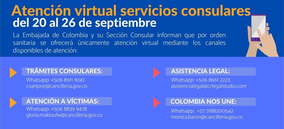 La Embajada de Colombia y su sección consular en Costa Rica tendrán atención virtual del 20 al 26 de septiembre de 2021