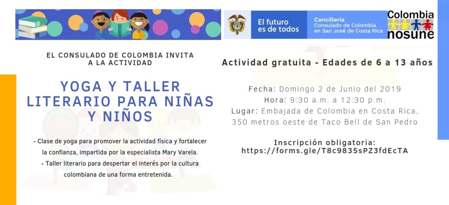 El Consulado de Colombia en San José de Costa Rica invita a la actividad ‘Yoga y taller literario para niñas y niños’ el 2 de junio de 2019