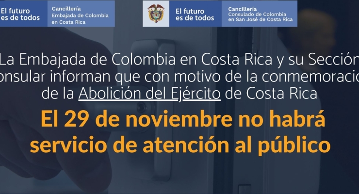 Embajada y consulado de Colombia en Costa Rica no tendrán atención al público el 29 de noviembre de 2021