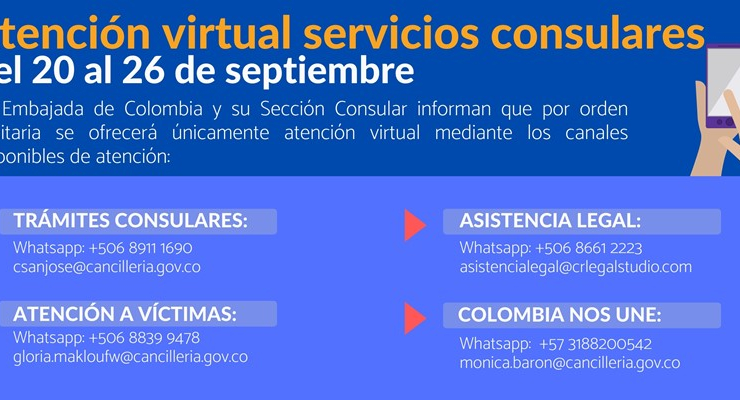 La Embajada de Colombia y su sección consular en Costa Rica tendrán atención virtual del 20 al 26 de septiembre de 2021
